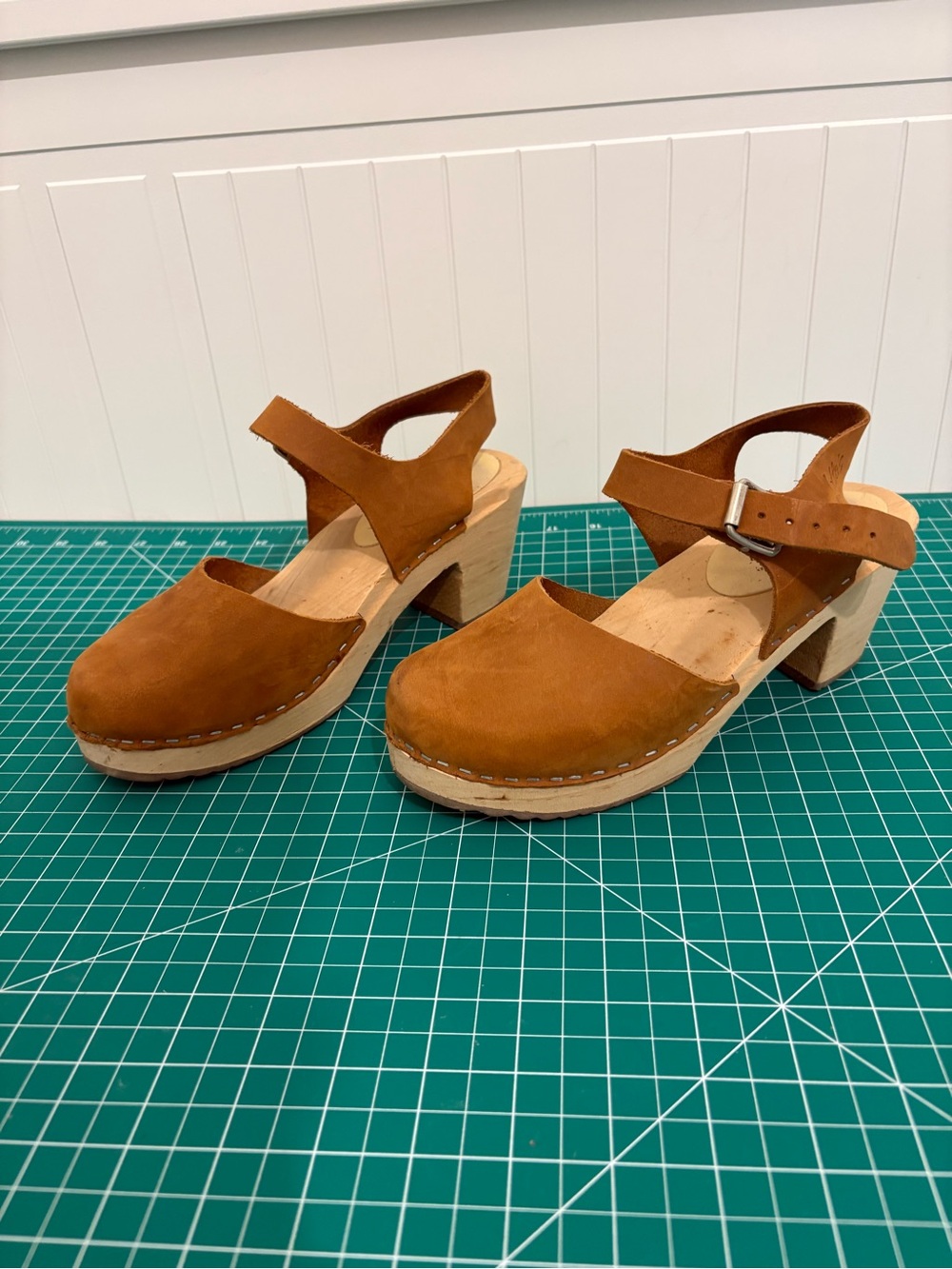 Lotta From Stockholm Cognac Suede Wooden Clogs with Ankle Strap